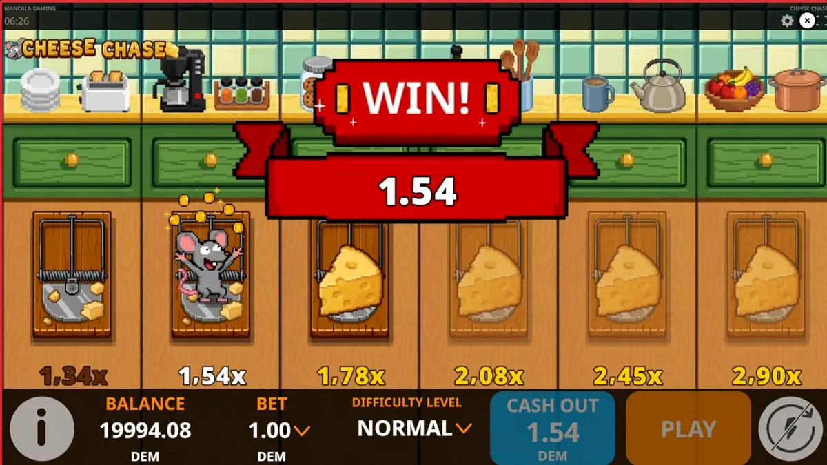 Interface de jogo do slot Cheese Chase com tema de cozinha retrô