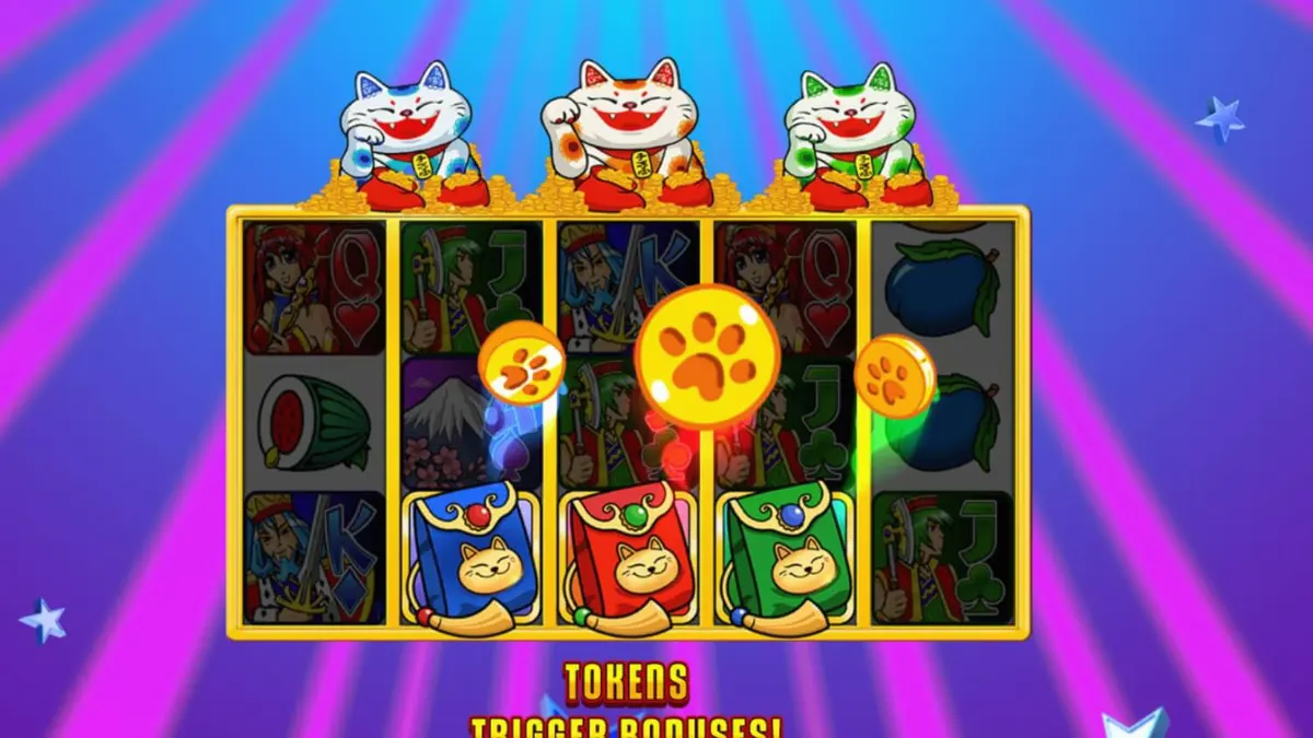 Uma imagem vibrante de um caça-níqueis com temática asiática e de anime, apresentando gatos da sorte e símbolos coloridos.