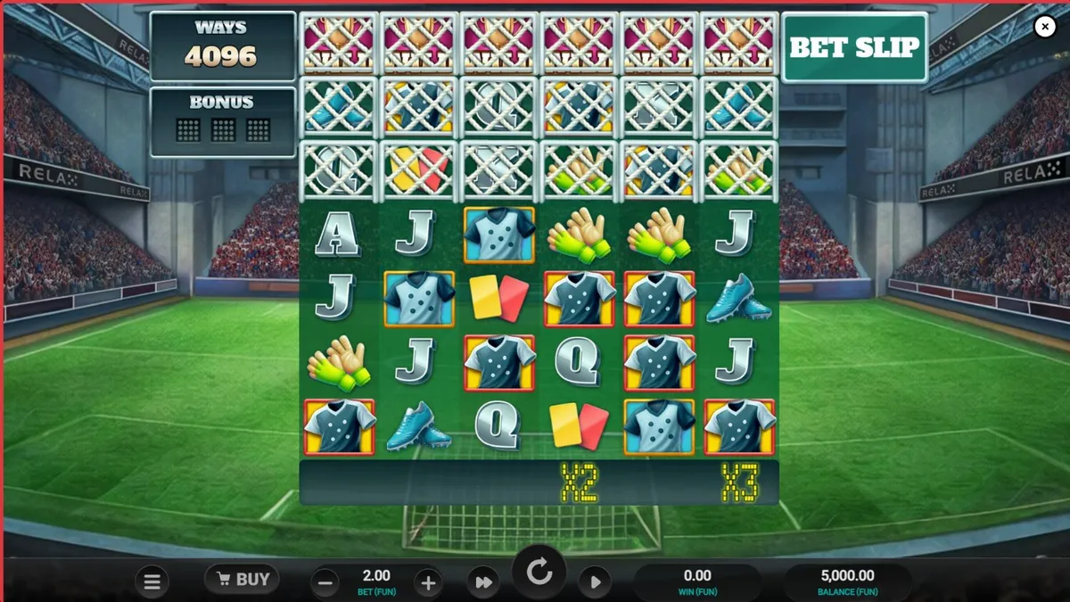 Interface de jogo do slot World Class Kick Off Dream Drop com tema de futebol retrô