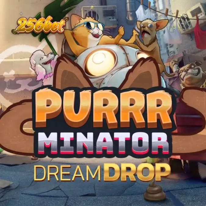 Cena de jogo do slot Purrrminator Dream Drop com temática cyberpunk